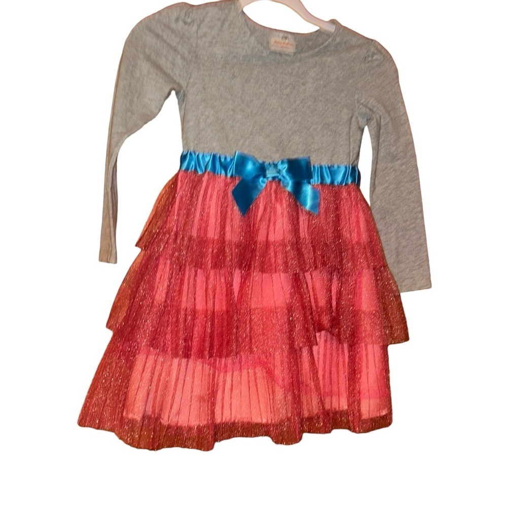 Hanna Andersson Tiered Tulle Bow Dress Girls gray blue red sparkle Size 6 120